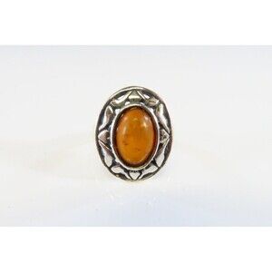Pierced Silver & Orange Amber Cabochon Vintage Sterling Silver Ring Size 5.25